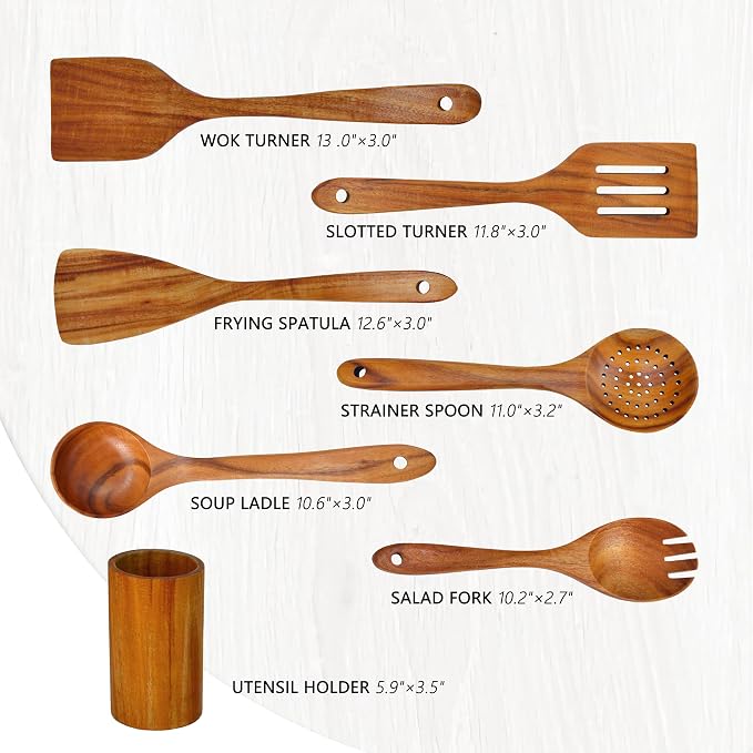 Brosisincorp Natural Teak Wood Spoons for Cooking with Holder 7 Pcs, Comfortable Grip Wooden Kitchen Utensils Set Scratch-Free Smooth Finish for Non-Stick Cookware