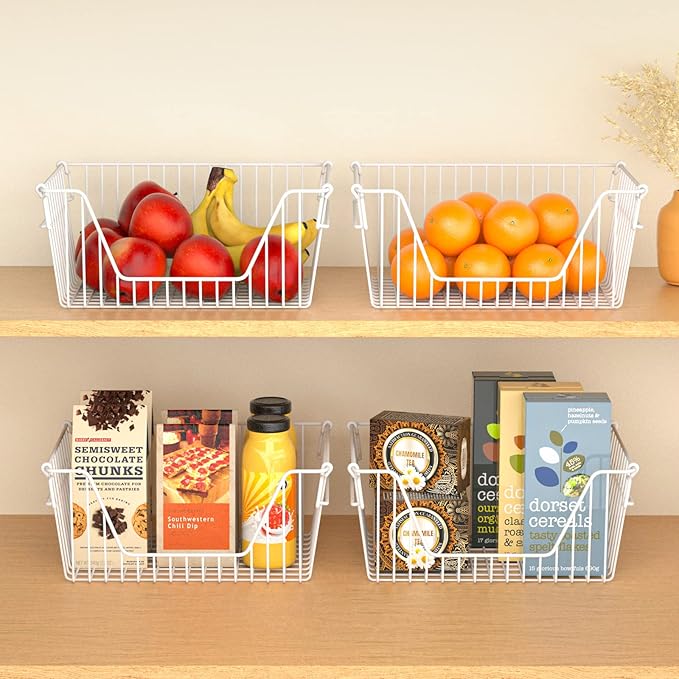 Stackable Wire Metal Baskets Large Capacity Kitchen Freezer Bins for Pantry Cabinet Fruit Vegetable Snacks Organization, White, Set of 4