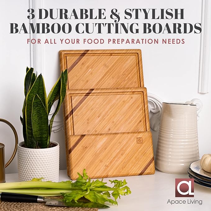 Chorus Bamboo Cutting Board Set with Juice Groove (Set of 3) - Luxury Organic Wood Chopping Board for Kitchen, Wooden Cutting Board for Meat (Butcher Block), Vegetables, Cheese