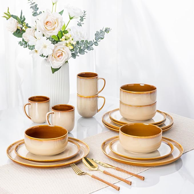 LERATIO Ceramic Dinnerware Sets for 4,16-PieceReactive Glaze Plates and Bowls Set with Mugs,Highly Chip and Crack Resistant | Dishwasher,Microwave & Oven Safe Dishes set-Kahki