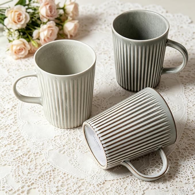 Coffee Mugs Set of 4 Modern Striped Stoneware Coffee Cups with Handle, Large Ceramic Gift Set for Women and Men, Dishwasher and Microwave Safe, 18oz for Hot Coffee, Tea, Cocoa, Milk