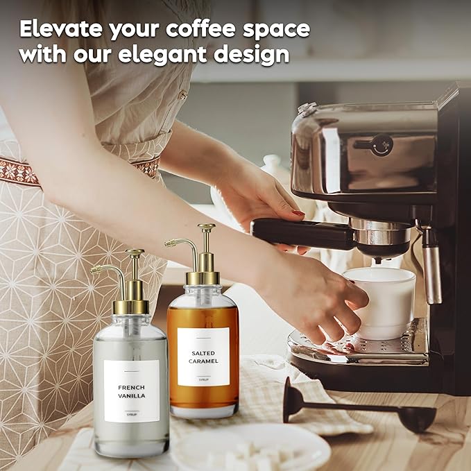 Spaceneat Coffee Syrup Dispenser with Pump - Includes 24 Flavor Labels - Glass Syrup Dispenser for Coffee Bar - Elevate your Beverage Station with 16.9 fl oz Flavoring Container Bottles, 2pcs, Gold | with Pump, for Coffee Bar