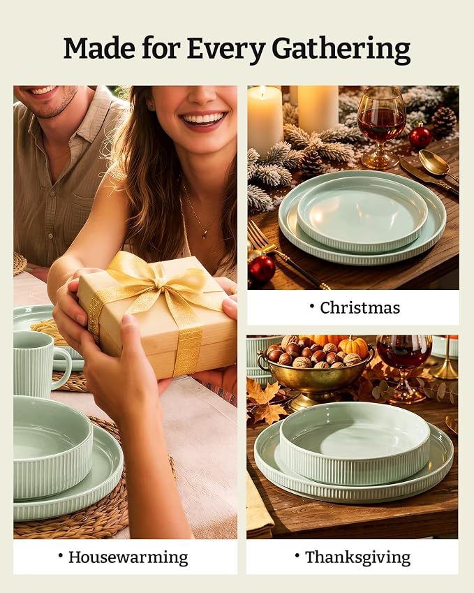 Famiware Star 24-Piece Stoneware Dinnerware Set for 8 – Green, Ceramic Ribbed Plates and Bowls – Modern Rustic Dishes, Everyday & Formal Use – Chip & Scratch Resistant, Microwave & Dishwasher Safe