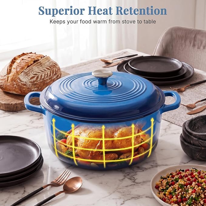DUMOS Cast Iron Dutch Oven, 6 Quart Pot with Lid, Enameled Heavy Duty Cookware, Oven Safe to 500°F, Perfect for Bread Baking, Braising, Stews and Roasting, Moisture Sealing Lid with Dual Handles, Gradient Blue