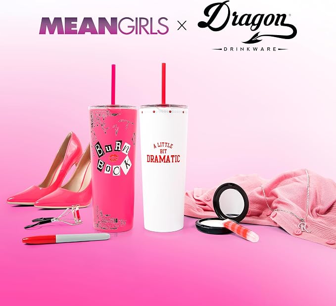 Dragon Glassware x Mean Girls Burn Book Tumbler with Straw & Lid, 24 oz | Vacuum Insulated Stainless Steel Tumbler with Straw & Lid; Double Walled Tumbler; Official Mean Girls Cup