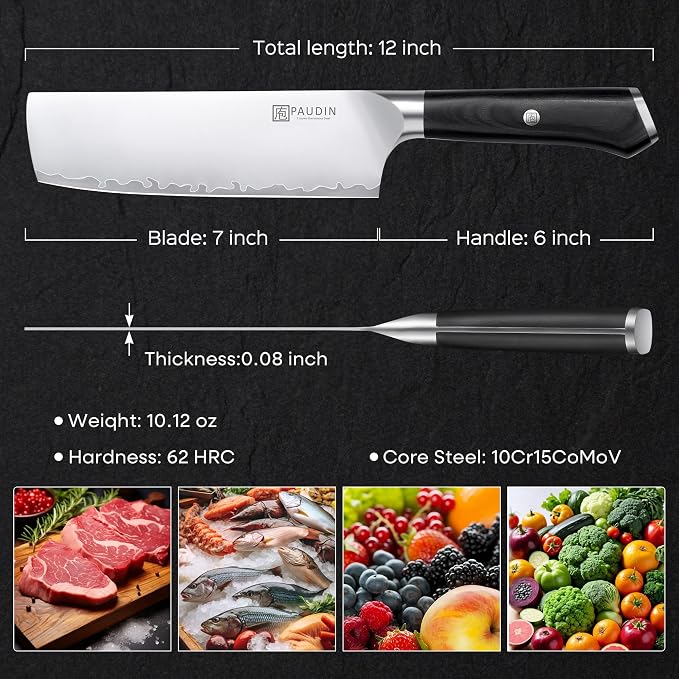 PAUDIN Nakiri Knife 7 Inch,Damascus High Carbon Steel Kitchen Knife 62 HRC, Ultra Sharp Vegetable Chopping Cleaver and Meat Slicing Asian Chef Knife for Home Cooks, Gift Box Included for Women and Men