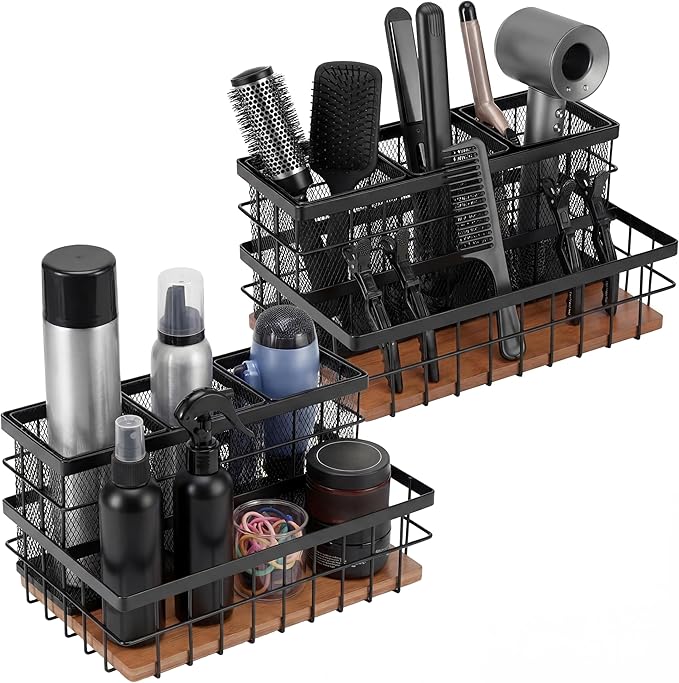 AceOrbit 2 Pcs 1pcs Hair Tool Organizer Countertop Breathable Metal Bamboo Hot Tools Vanity Organizer Under Sink Bathroom Hair Dryer Holder Countertop Brush Comb Holder Tray (Koa Wood,Black)
