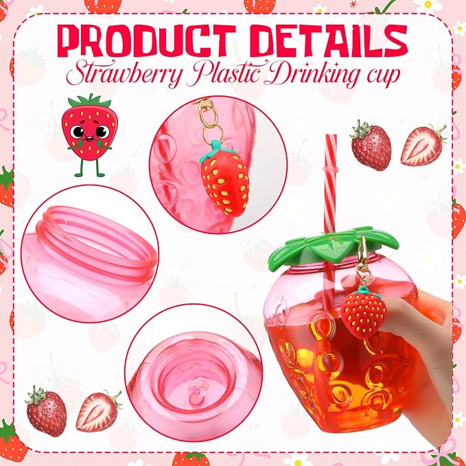 LemonRoad 17 oz Strawberry Shaped Cups with Lids and Straws Reusable Cute Drinking Cups Strawberry Water Bottles for Hawaiian Summer Party (6 Pcs)