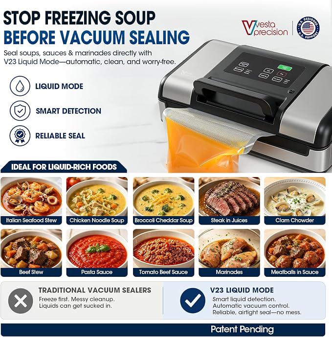 Vesta Precision 12" Vacuum Sealer Machine for Liquid & Moist Foods, Smart Heat Sealing Prevents Bag Melting, Built-in Cutter & Roll Storage Fits 2X20’ or 1X50' Rolls, Mason Jar Kit, Sous Vide, V23