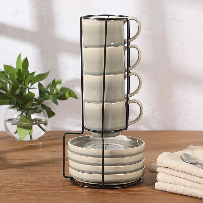 Gibson Elite Sunrise Hills 9-Piece Stackable Stoneware Cup and Saucer Set with Metal Rack, 6 oz, Service for 4, Dishwasher and Microwave Safe, Gray