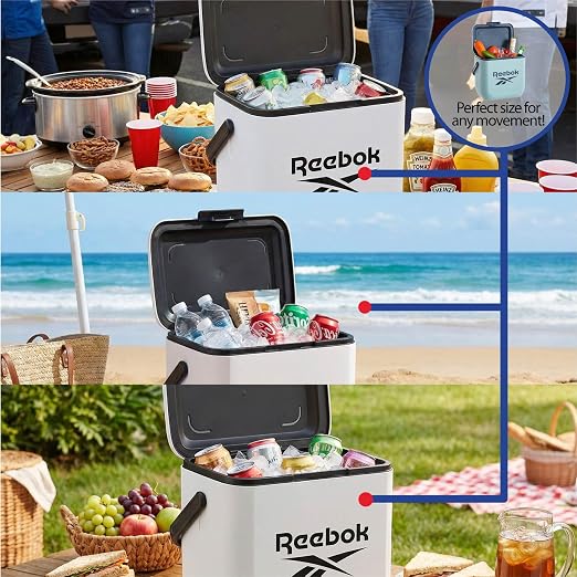 Reebok 8L Hard Cooler, Officially Licensed Portable Cooler Ice Chest with Handle, Holds 12 Cans, 12-Hour Ice Retention,White