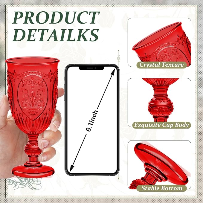 Wiwiqing 24 Pcs Plastic Goblets 7.5oz Vintage Goblet Plastic Wine Glasses Colored Retro Embossed Water Goblets for Wine Bar Juice Baby Shower Wedding Reception Grand Event Party (Red)