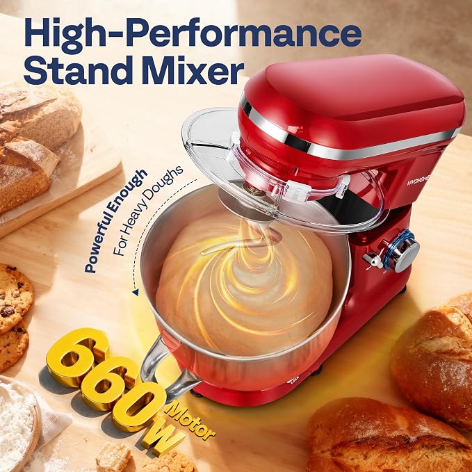 VIVOHOME Stand Mixer, 660W 10 Speed 6 Quart Tilt-Head Kitchen Electric Food Mixer with Beater, Dough Hook, Wire Whip and Egg Separator, Red