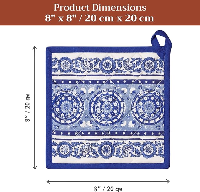 Maison d' Hermine Pot Holders 100% Cotton Heat Resistant Potholders 8" x 8" Hot Pads with Loop BBQ Cooking Baking Gifts for Mothers Day Handling Hot Pans Spring/Summer (Pack of 1, Melodie Bleue)