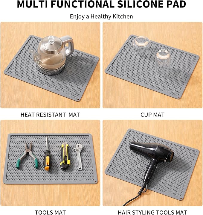 Silicone Drying Mat & Heat Resistant Mat for Kitchen Counter, Non-Slip Dishwasher Safe, Raised Edge for Dishes Bottles Sink (15.35x11.61in, Gery)