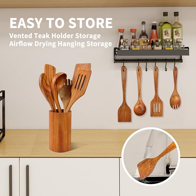 Brosisincorp Natural Teak Wood Spoons for Cooking with Holder 7 Pcs, Comfortable Grip Wooden Kitchen Utensils Set Scratch-Free Smooth Finish for Non-Stick Cookware