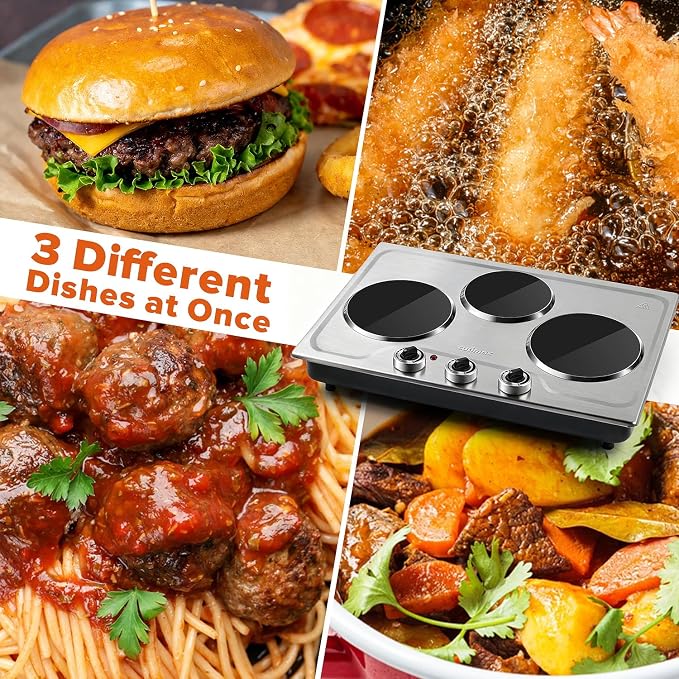 CUSIMAX Hot Plate,1800W Triple Infrared Burner, Independent Temperature Control,Electric Stove Can Simultaneously Cook Three Dishes,Compatible for All Cookware,Stainless Steel for Easy Cleaning