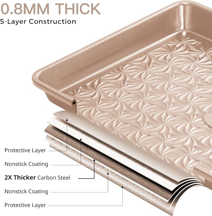 HONGBAKE Nonstick Baking Sheet Pan Set of 3, Cookie Sheets for Oven, Non-Toxic Half/Quarter/Jelly Roll Pans with Floral Swirl Texture, Heavy Duty 0.8mm Thick Oven Trays for Cooking, Champagne Gold