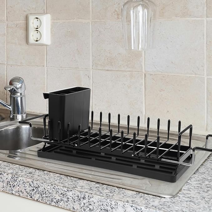 FOMIYES Expandable Kitchen Dish Rack with Drainboard, Over Sink Drying Rack for Plates and Utensils, Large Capacity Space-Saving Kitchen Sink Organizer
