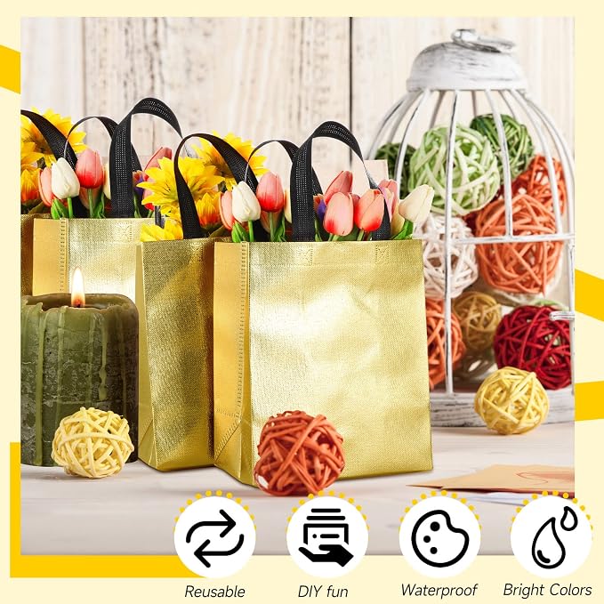 Eccliy Reusable Gift Bags Set Glossy Grocery Gift Tote Bag with Handle for Wedding, Bridal Shower, 4th of July, Summer Event(10 x 8 x 4.7 Inch,Gold with Black Handles,80 Pcs)