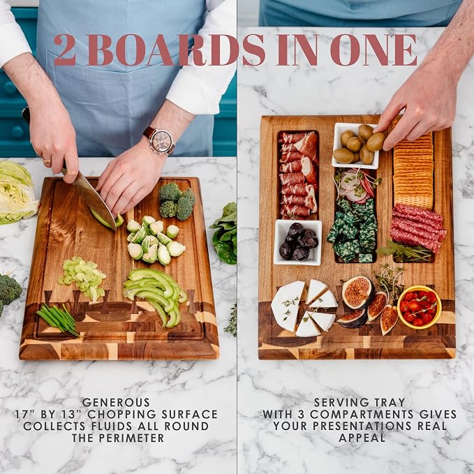 Acacia Wood Cutting Board for Kitchen and Home - Beautiful Large Butcher Block Chopping Board, Sustainable Wood, Juice Groove - Doubles as 3 Compartment Serving Board - 17 x 13 x 1.5"
