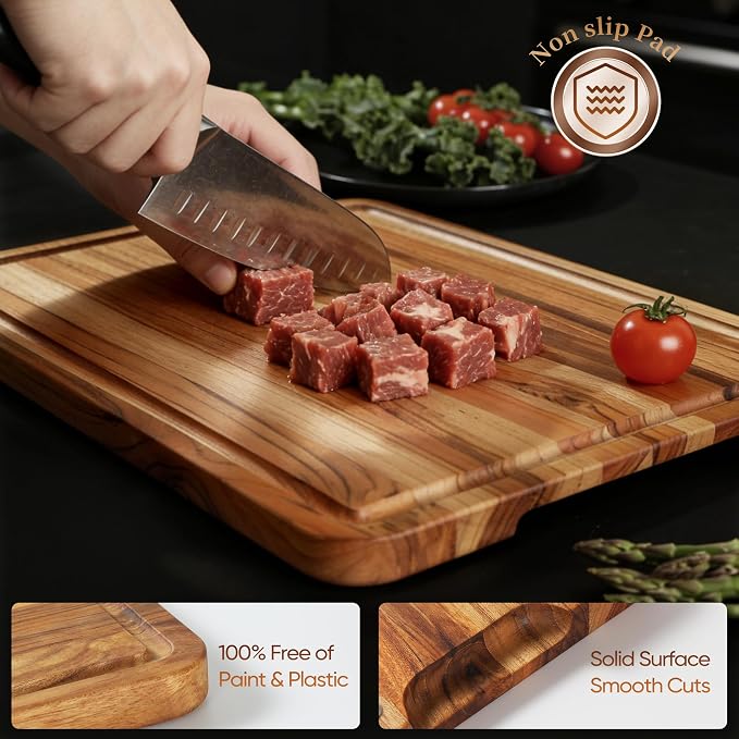 2 Pack Teak Cutting Board Set for Kitchen Wood Charcuterie Board Wooden Cutting Boards Non Toxic Heavy Duty Slip Over Sink Solid Thick Chopping Board