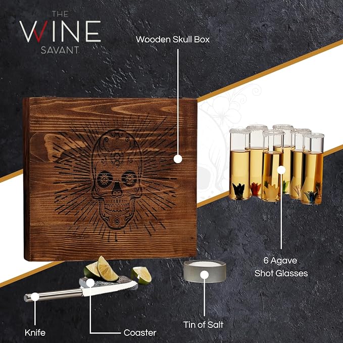 Tequila Gift Box Shot Glass & Salt Gift Set for Men & Women | Six Agave Shot Glasses, Knife For Limes, One Skull Coaster, One Salt Tin | Skeleton Sugar Skull Wooden Box Wood Package For Tequila Lovers