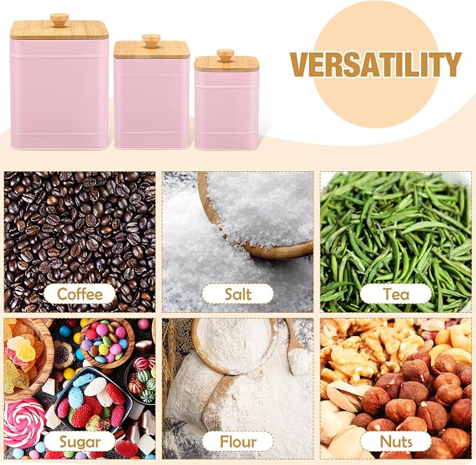 Tioncy Kitchen Canisters for Countertop Set of 3 Metal Canisters Sets with Bamboo Lids Spoon Airtight High Capacity Coffee Tea Sugar Flour Jars with DIY Labels Farmhouse Food Storage (Pink,XL,L,M)