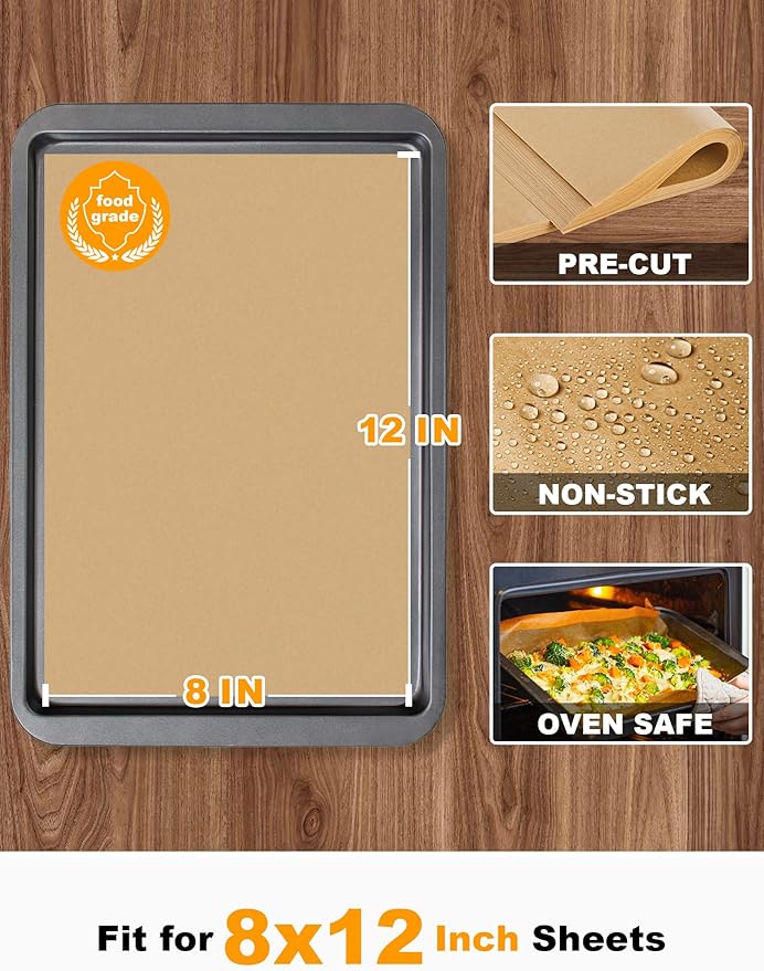 SMARTAKE 200 Pcs Parchment Paper Baking Sheets, 8x12 Inches Non-Stick Precut Baking Parchment, for Baking Grilling Steaming Bread Cup Cake Cookie and More (Unbleached)