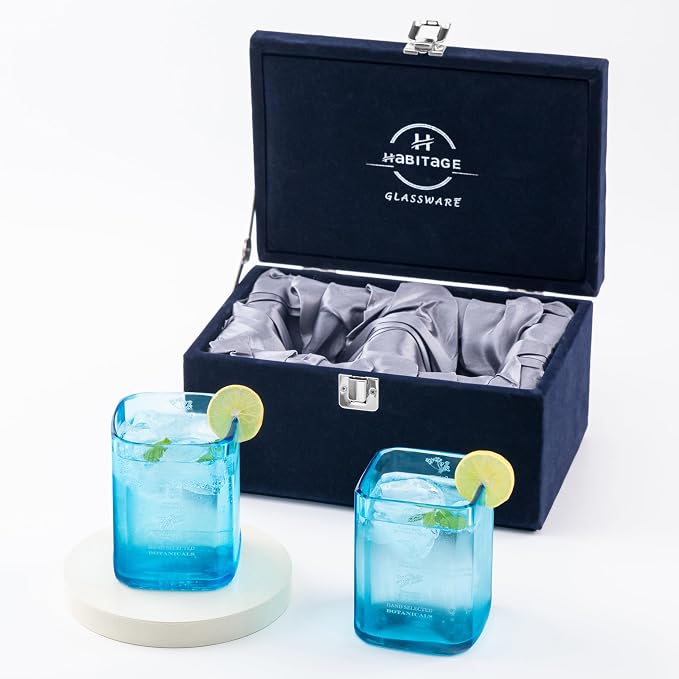 Upcycled Bombay Sapphire Gin Glasses for Drinks - Set of 2 with Velvet Gift Box | Eco-friendly Glassware handcrafted from Gin bottles | Ideal for Gin, Whiskey, Juices, Smoothies, Cocktails