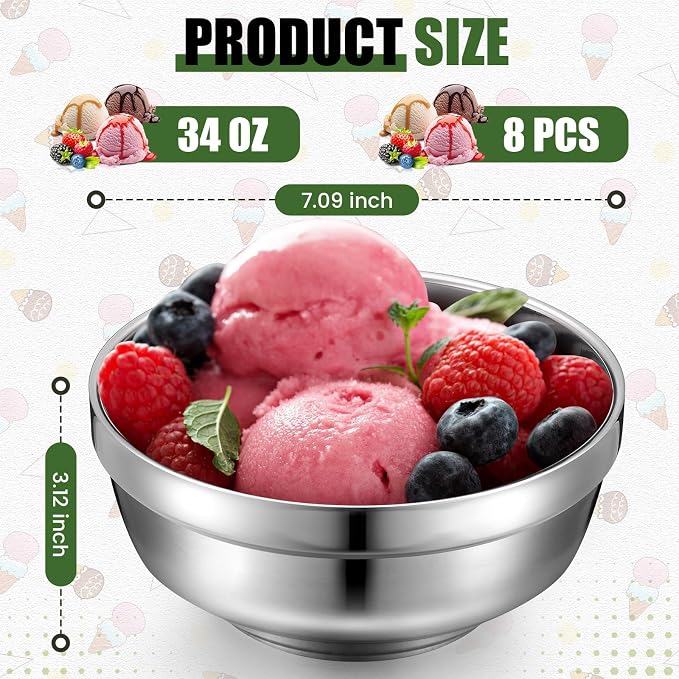 Funnymoom 8 Pack 34 oz Stainless Steel Bowls Double Walled Insulated Soup Ice Cream Metal Mixing Nesting Bowls for Serving Soup Rice Cereal