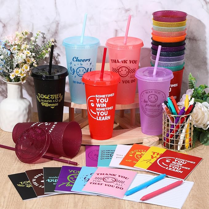 Feifeiya 72 Pcs/ 24 Set Thank You Gift Bulk 24 oz Employee Teacher Appreciation Tumbler with Lids and Straws Motivational Pens Inspirational Notepads Set Plastic Cups Gift for Team Staff Coworker