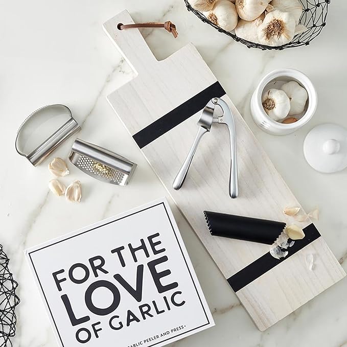 Santa Barbara Design Studio Gift Set Kitchen Essentials Tool Kit Black and White Cardboard Book Gifts, 3-Pieces, Love Garlic