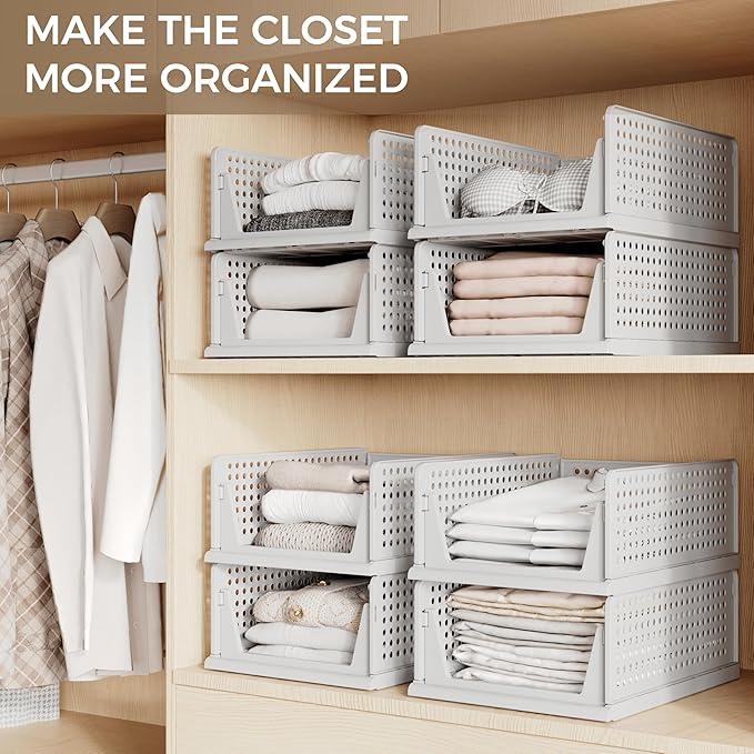 Pinkpum 8 Pack Closet Organizers and Storage Plastic Stackable Storage Bins, Foldable Drawer Shelf Storage Container for Wardrobe Kitchen Bathroom Dorm Grey