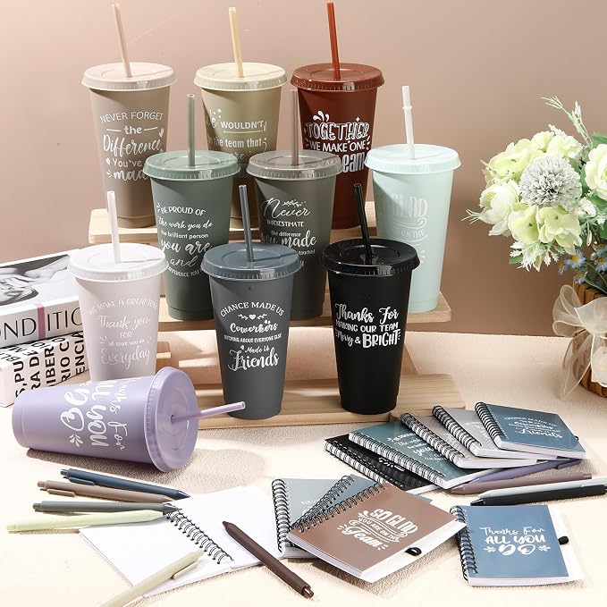Shellwei 60 Pcs Employee Appreciation Gifts Bulk 24 oz Thank You Tumbler with Lid and Straw Mini Spiral Notebooks and Pens Appreciation Gifts for Team Employee Coworkers Teacher (Bright)