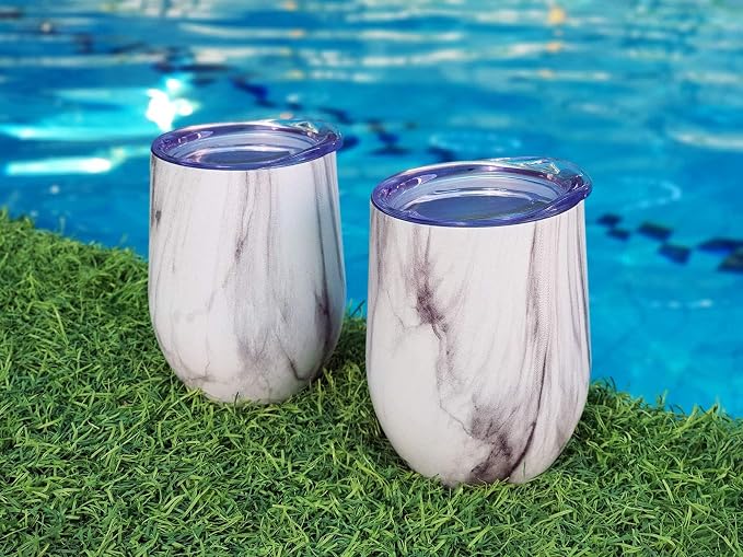 CHILLOUT LIFE 12 oz Stainless Steel Wine Tumblers 4 Pack - Double Wall Vacuum Insulated Wine Glasses Cups with Lids and Straws Set Keeping Cold & Hot for Coffee, Beer, Ice Cream - Carrara Marble