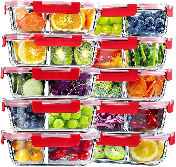 VERONES 10 Pack Glass Meal Prep Containers 2 Compartment Set, 30 OZ Airtight Glass Lunch Containers, Glass Food Storage Containers with Lids, for Microwave, Oven, Freezer & Dishwasher Friendly，Red