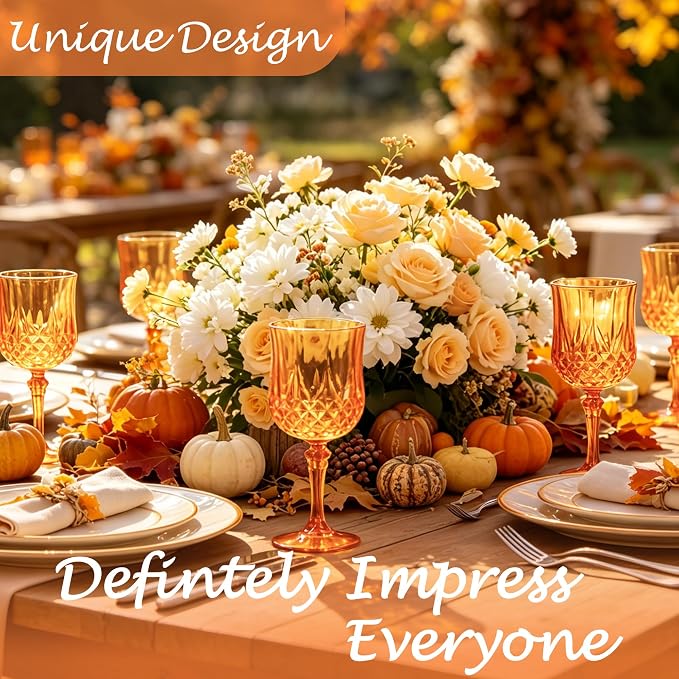 Plastic Wine Glasses, Plastic Goblets Vintage Style Cordial Unbreakable Drinking Glasses, Reusable Drinkware for Wedding Reception, Grand Event Party Supplies (24, Pumpkin orange)