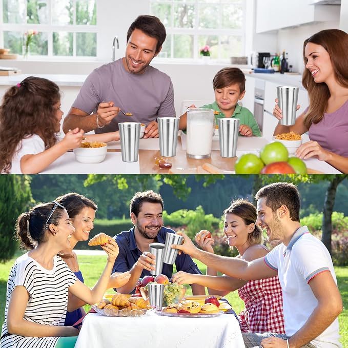 Stainless Steel Cups, 16 oz Insulated Tumbler, 12 Pack Double Wall Unbreakable Stackable Water Tumblers Insulated Metal Cup Premium Drinking Glasses for Travel Camping Home Outdoor