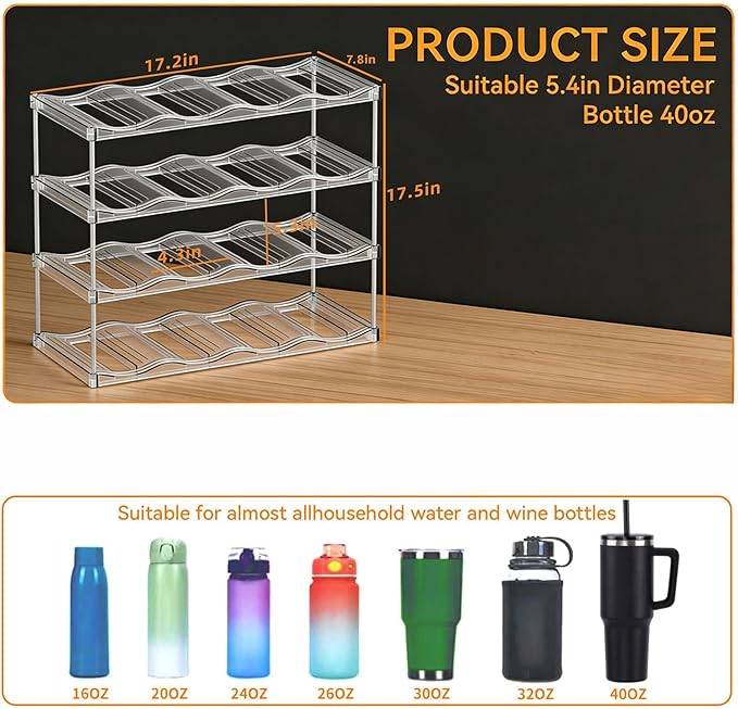 Stackable Water Bottle Organizer for Cabinet,4 Tier Water Bottle Holder for Stanley Yeti 40 oz Bottle Shelf,Clear Tumbler Storage Organizer,Wine Rack,Cup Organizer for Kitchen Cabinets Counter Pantry