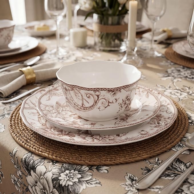 222 Fifth Adelaide Brown on White 12-Piece Dinnerware Set – Service for 4, Big Dinner Plates and Bowls Sets,Durable Porcelain, Microwave and Dishwasher Safe, for Everyday Dining & Entertainment