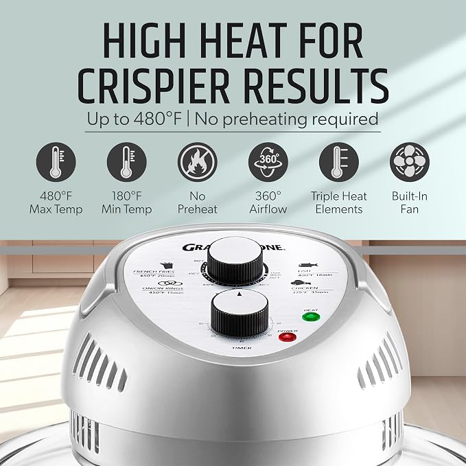 Granitestone 16Qt Large Glass Air Fryer Non Toxic – Family Sized Airfyrer Cooker with 3 Cooking Sections, Stainless Steel Racks, for French Fries, Chicken, No Preheat, Self Cleaning, Dishwasher Safe