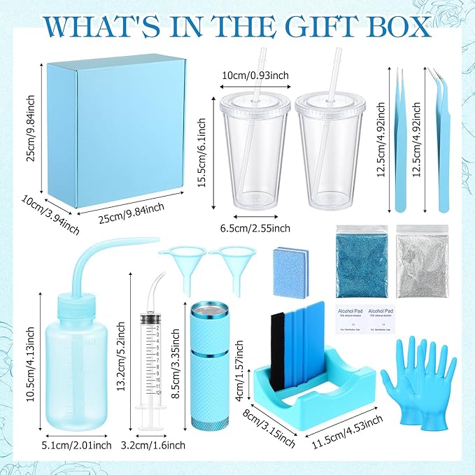 Baderke 20 Pcs Snow Globe Tumbler DIY Kit 16 oz Tumbler Squeeze Bottle, Glitter, Funnel Tweezer Silicone Cup Cradle Measuring Cup Glove Flashlight Buffer for Beginner(Blue,Cute)