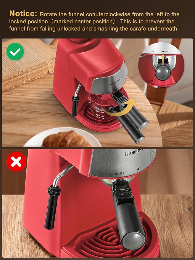 Ihomekee Espresso Machine, 3.5Bar Espresso and Cappuccino Machine with Preheating Function, 4 Cup Coffee Maker with Milk Frothing Function and Steam Wand (Red), CM6810