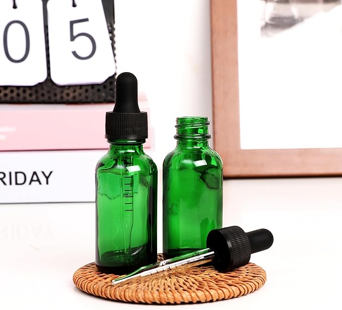 NOOEEISS 24 Pack,1oz Glass Dropper Bottle,Green Tincture Bottles with Dropper,Pretty Finish for All Kinds of Liquids,Oil Bottles for Hair- Stronger Suction ideal for Leakproof Travel