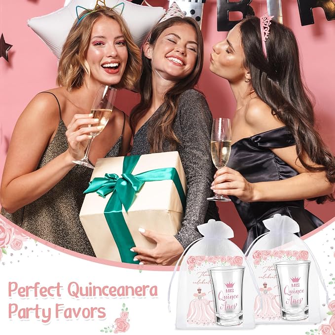 Havawish 50 Sets Quinceanera Party Favors for Guests Quinceanera Acrylic Clear Personalized Shot Glasses Thank You Cards with Organza Bags Mis Xv Años Sweet 15 Birthday Party Favors (Pink)