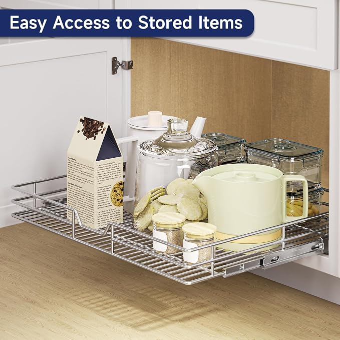 Pull Out Cabinet Organizer, 30" W x 21.5" D, Heavy Duty Chrome Slide Out Shelf for Wide Base Cabinets, Sliding Wire Basket Drawer for Pots, Pans, Appliances & Pantry Storage