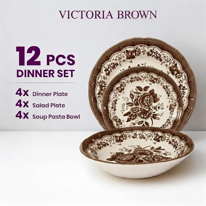Tudor Royal 12-Piece Round Porcelain Dinnerware Set, Service for 4 - Victoria Brown Design, Brown Floral, Plates Bowls Dishes, Premium Quality Tableware, Unique Pattern, Glossy