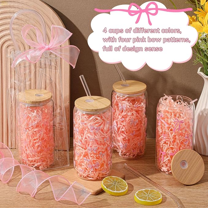 Mumufy 8 Sets Coquette Bow Glass Cups with Clear Gift Bag 16 oz Reusable Pink Iced Coffee Mugs Aesthetic Cute Tumbler with Lids and Straws, Gifts for Girls Women Bridesmaid
