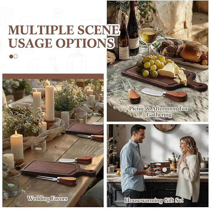 Ziliny 1 Set Bridal Baby Shower Cheese Prizes Wooden Square Board Gift Set Knives Forks Thank You Tags with Box for Guests for Valentines Bridal Baby Shower Housewarming (Walnut Wood)